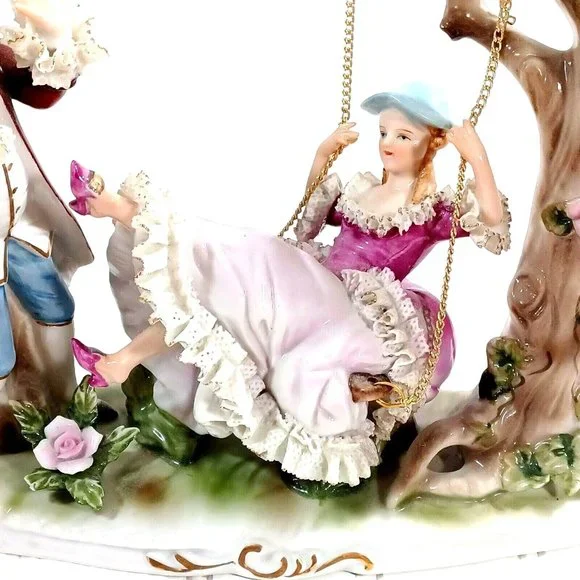 Romantic Dresden Lace Figurine Sculpture Man Woman Tree Swing Capodimonte - Picture 2 of 16